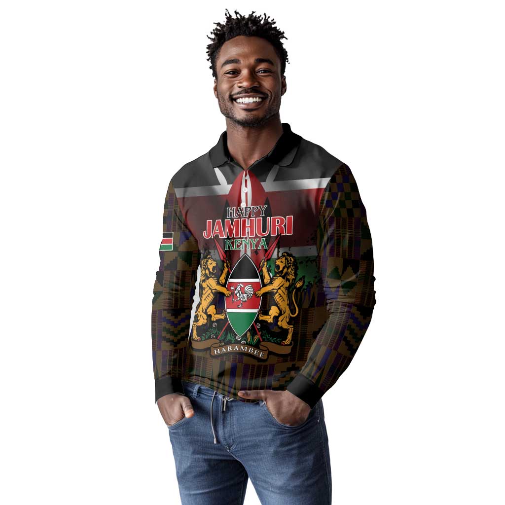 Kenya Jamhuri Day Long Sleeve Polo Shirt Coat Of Arms With Kente Pattern - African Pride
