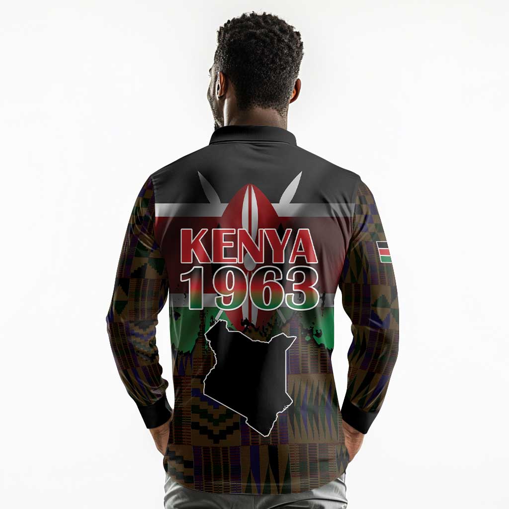 Kenya Jamhuri Day Long Sleeve Polo Shirt Coat Of Arms With Kente Pattern - African Pride