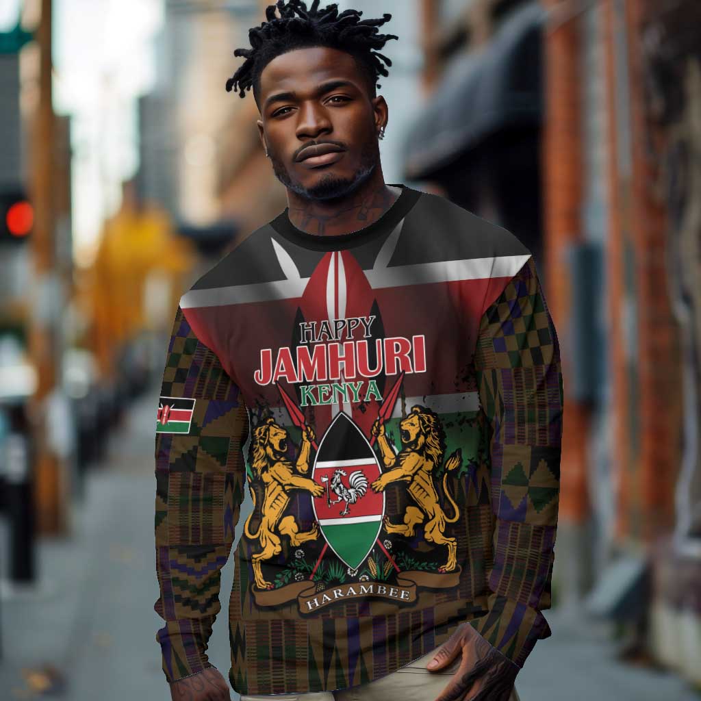 Kenya Jamhuri Day Long Sleeve Shirt Coat Of Arms With Kente Pattern - African Pride