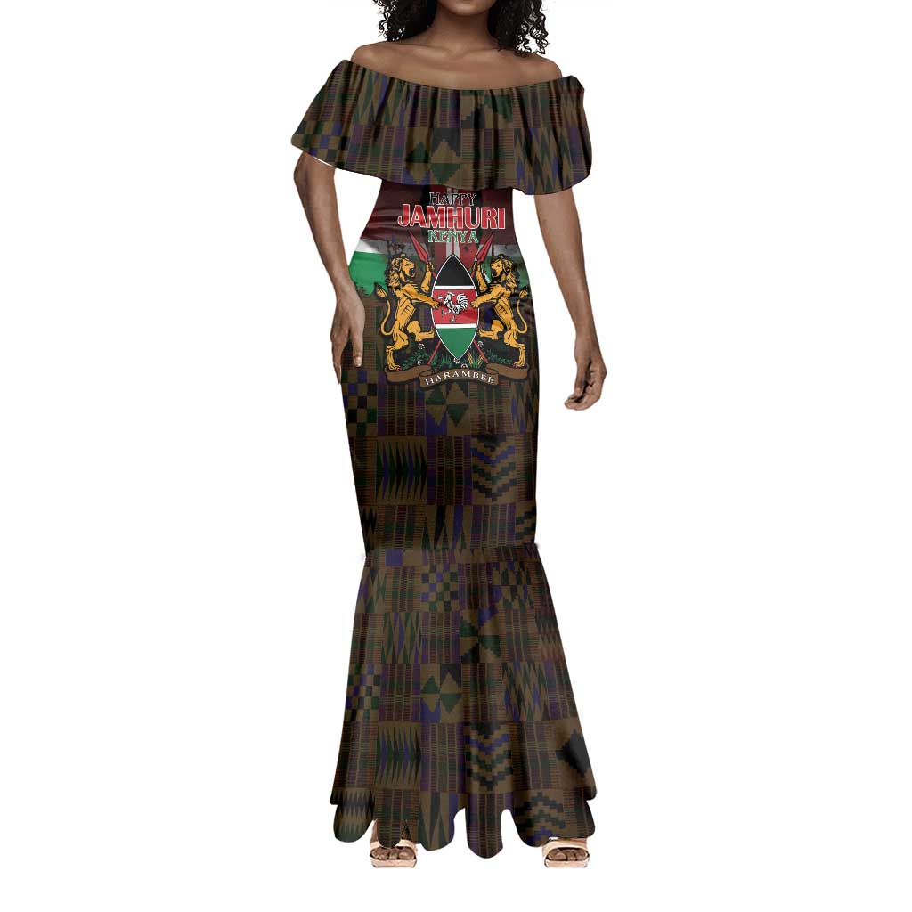 Kenya Jamhuri Day Mermaid Dress Coat Of Arms With Kente Pattern - African Pride