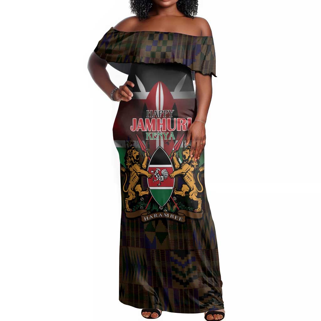 Kenya Jamhuri Day Off Shoulder Maxi Dress Coat Of Arms With Kente Pattern - African Pride