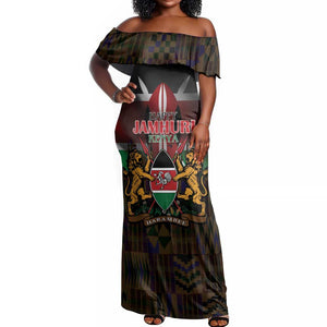 Kenya Jamhuri Day Off Shoulder Maxi Dress Coat Of Arms With Kente Pattern - African Pride