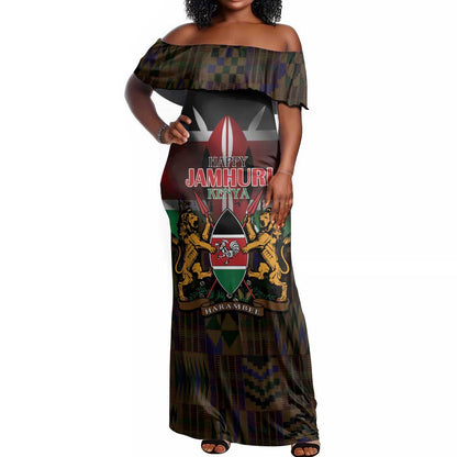 Kenya Jamhuri Day Off Shoulder Maxi Dress Coat Of Arms With Kente Pattern - African Pride