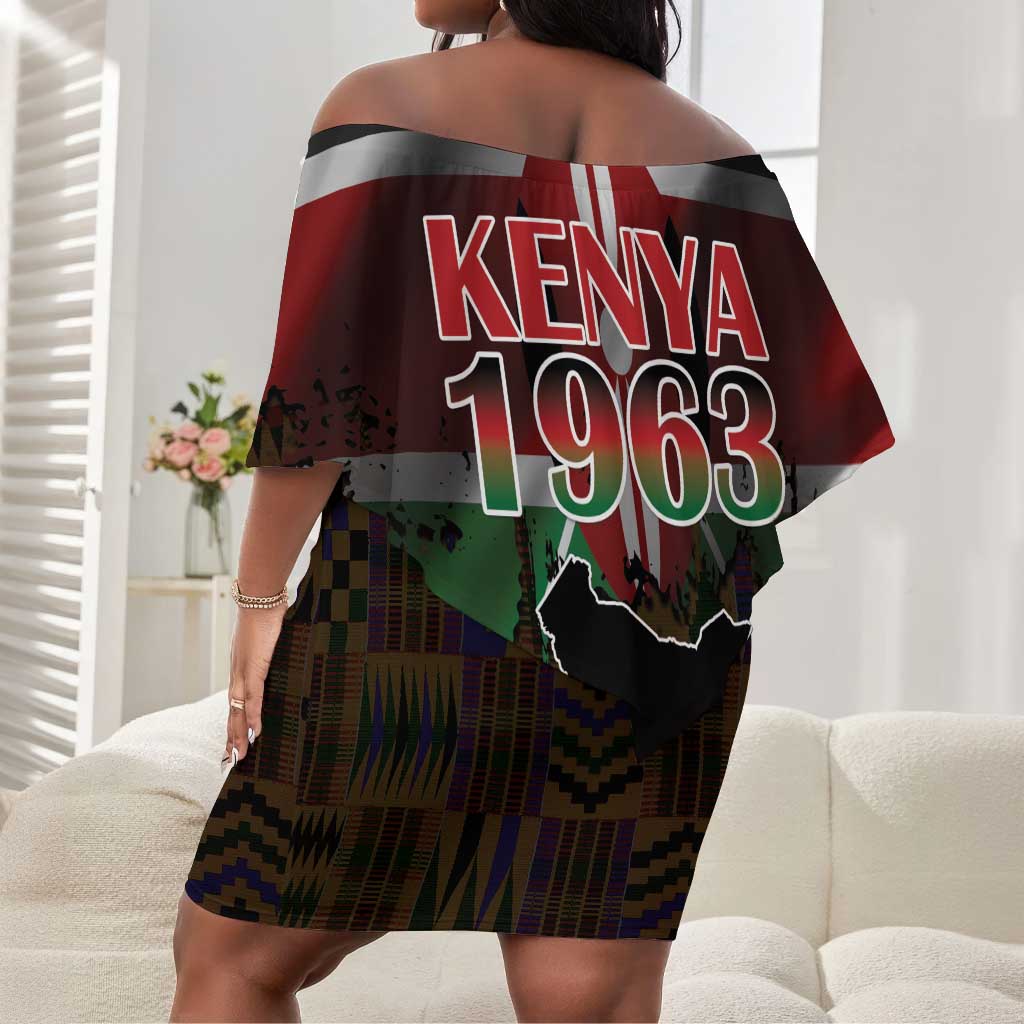 Kenya Jamhuri Day Off Shoulder Short Dress Coat Of Arms With Kente Pattern - African Pride