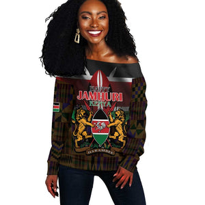 Kenya Jamhuri Day Off Shoulder Sweater Coat Of Arms With Kente Pattern - African Pride