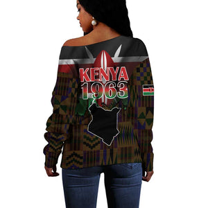 Kenya Jamhuri Day Off Shoulder Sweater Coat Of Arms With Kente Pattern - African Pride