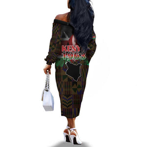 Kenya Jamhuri Day Off The Shoulder Long Sleeve Dress Coat Of Arms With Kente Pattern - African Pride