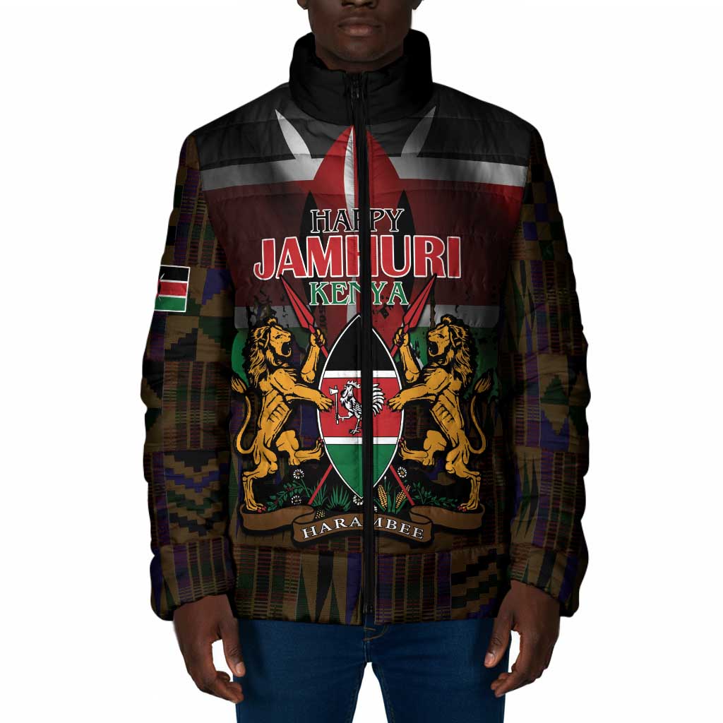 Happy Kenya Independence Day Padded Jacket Coat Of Arms With Kente Pattern