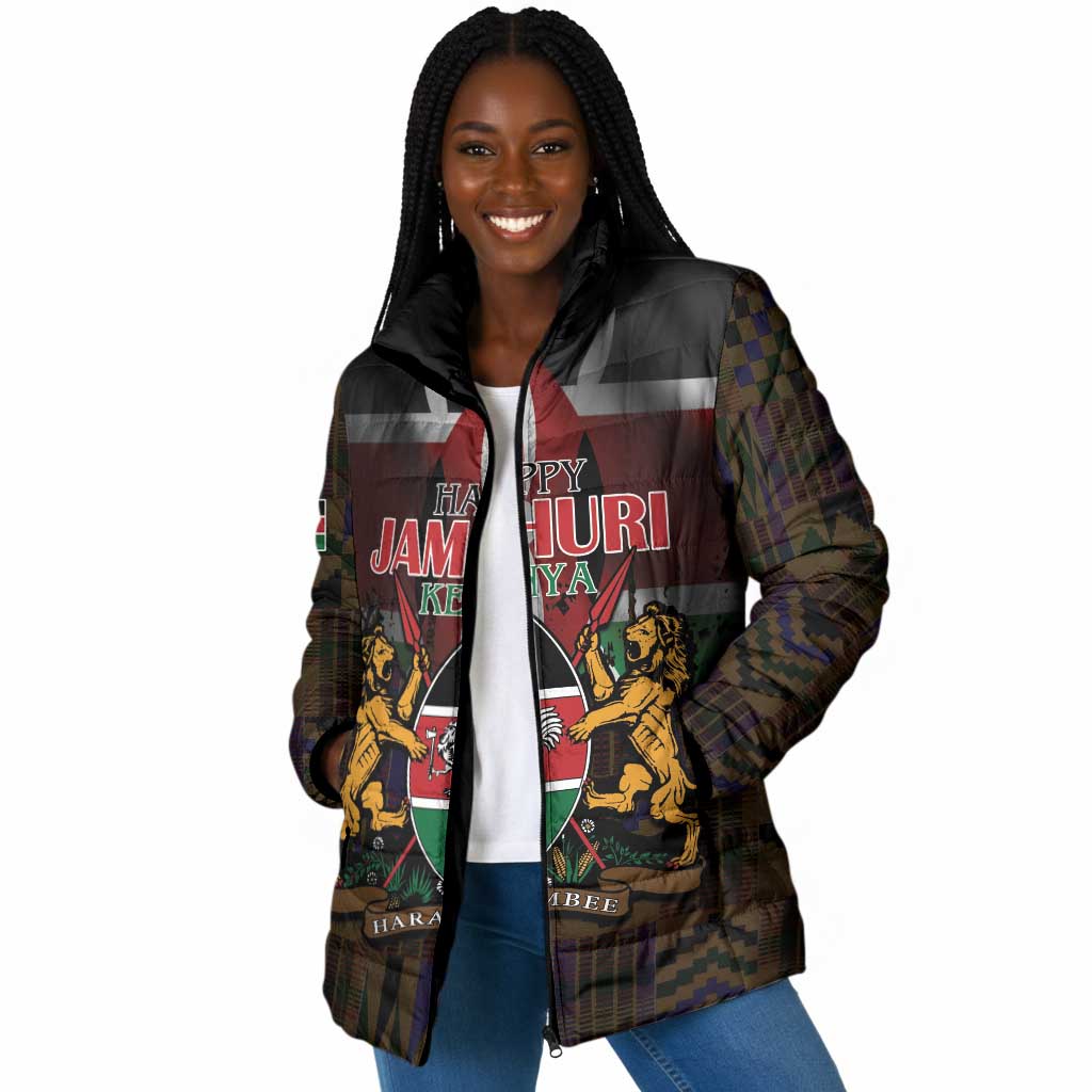Happy Kenya Independence Day Padded Jacket Coat Of Arms With Kente Pattern