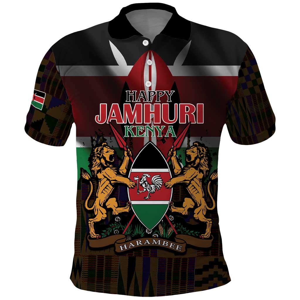 Kenya Jamhuri Day Polo Shirt Coat Of Arms With Kente Pattern - African Pride