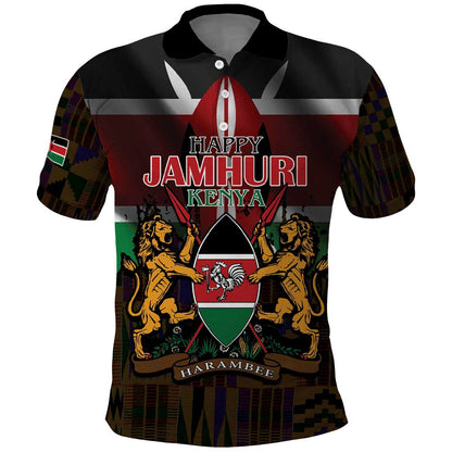 Kenya Jamhuri Day Polo Shirt Coat Of Arms With Kente Pattern - African Pride