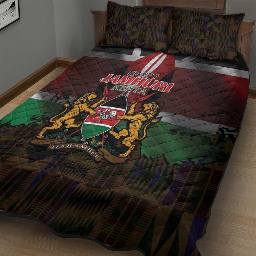 Kenya Jamhuri Day Quilt Bed Set Coat Of Arms With Kente Pattern - African Pride