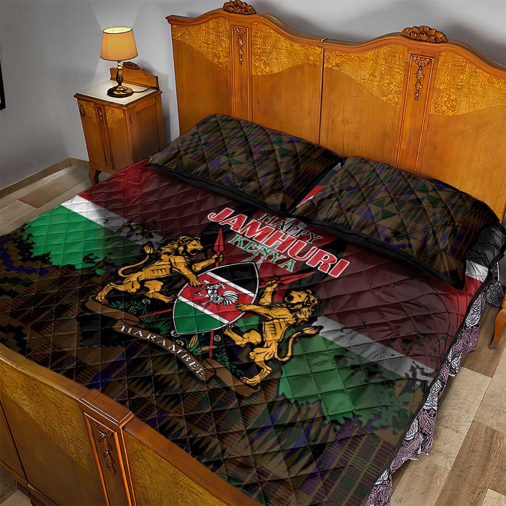 Kenya Jamhuri Day Quilt Bed Set Coat Of Arms With Kente Pattern - African Pride