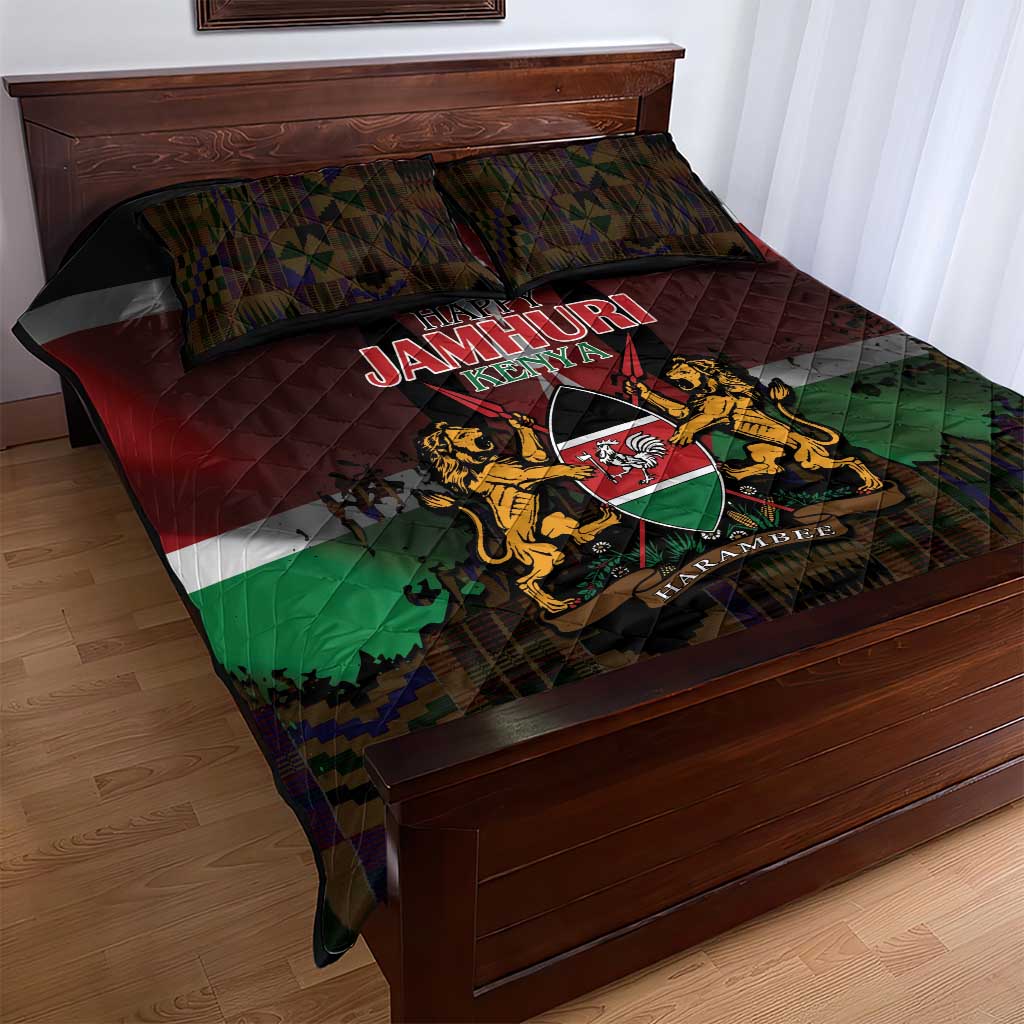 Kenya Jamhuri Day Quilt Bed Set Coat Of Arms With Kente Pattern - African Pride