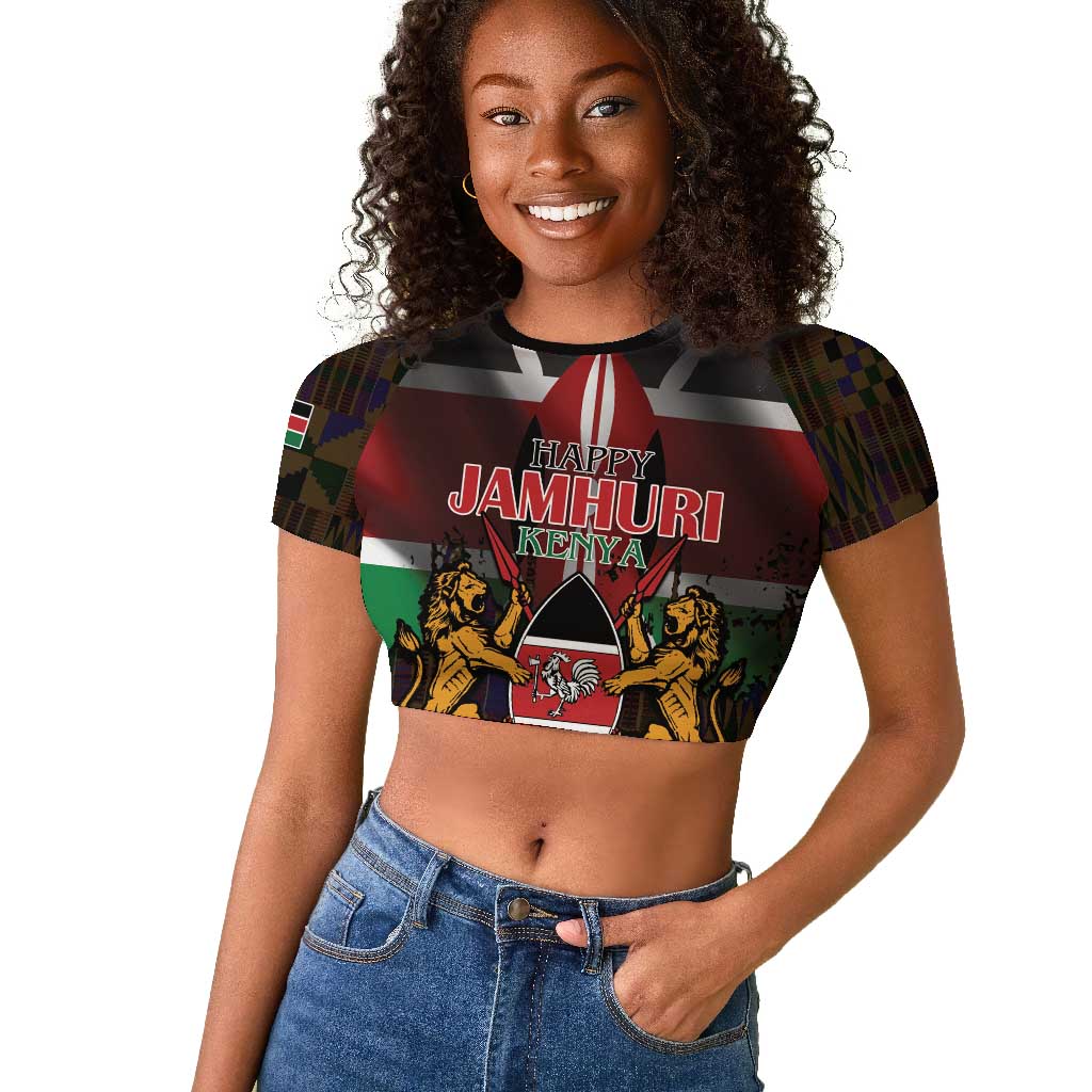 Kenya Jamhuri Day Raglan Cropped T shirt Coat Of Arms With Kente Pattern - African Pride