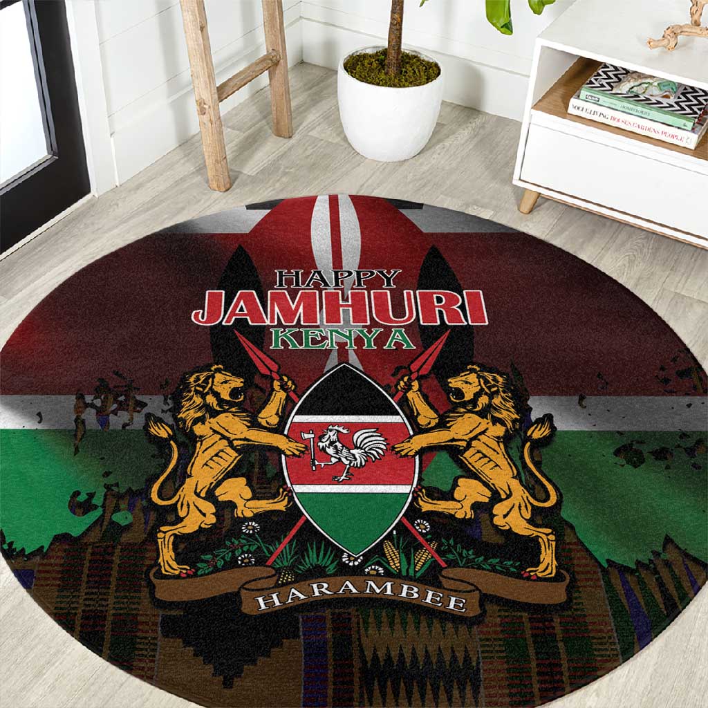 Kenya Jamhuri Day Round Carpet Coat Of Arms With Kente Pattern - African Pride