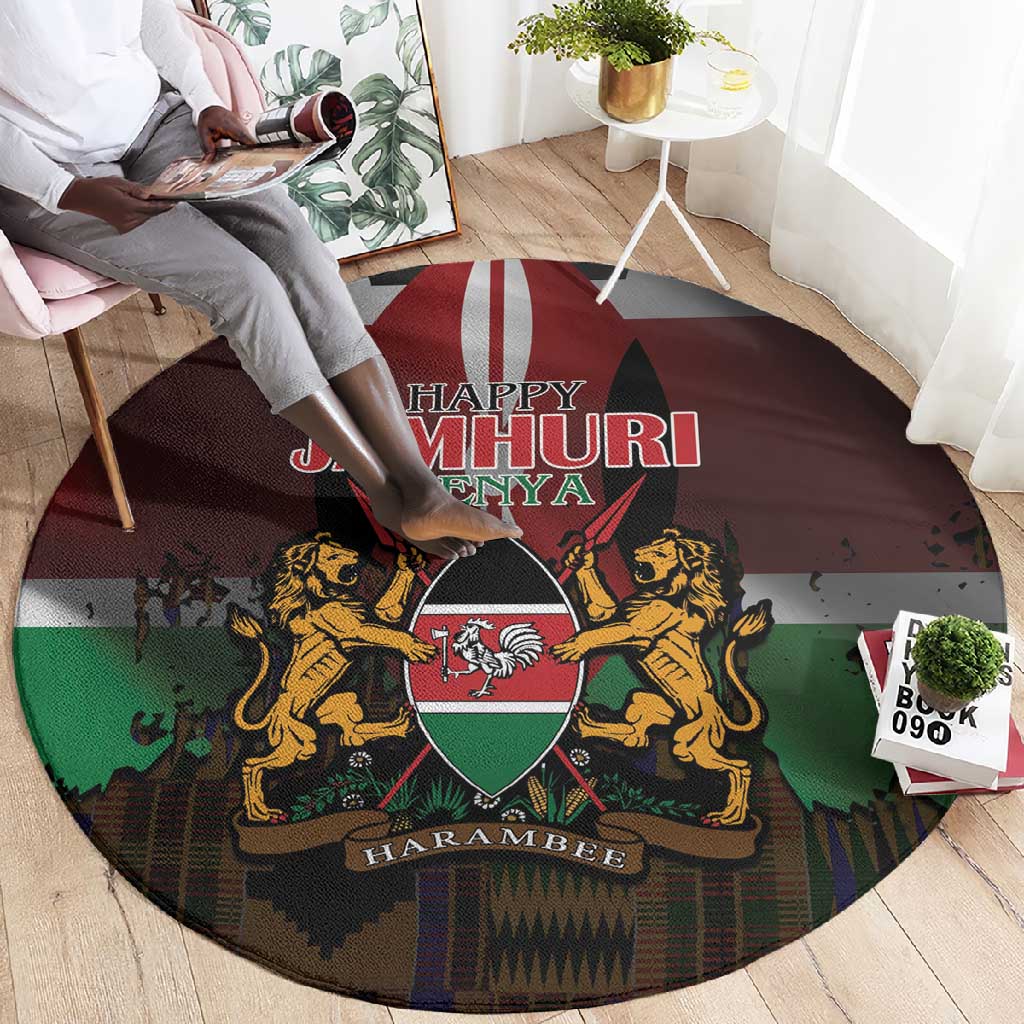 Kenya Jamhuri Day Round Carpet Coat Of Arms With Kente Pattern - African Pride