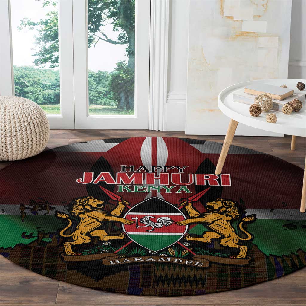 Kenya Jamhuri Day Round Carpet Coat Of Arms With Kente Pattern - African Pride
