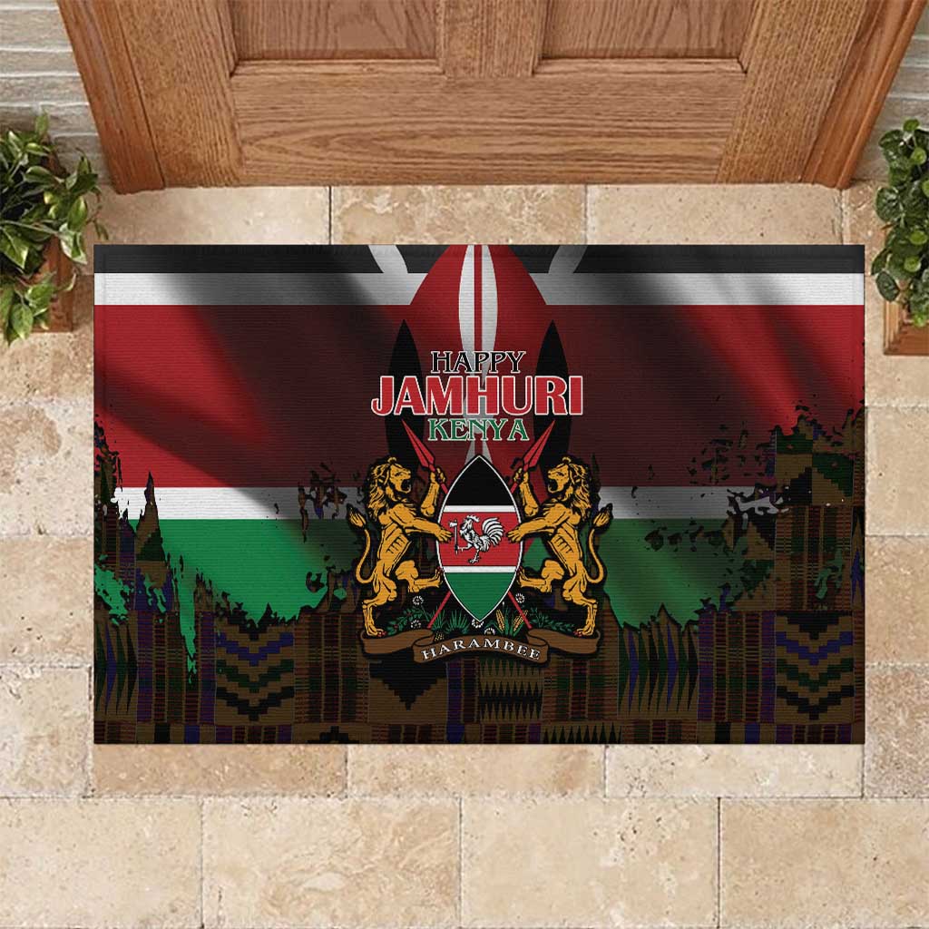 Kenya Jamhuri Day Rubber Doormat Coat Of Arms With Kente Pattern - African Pride