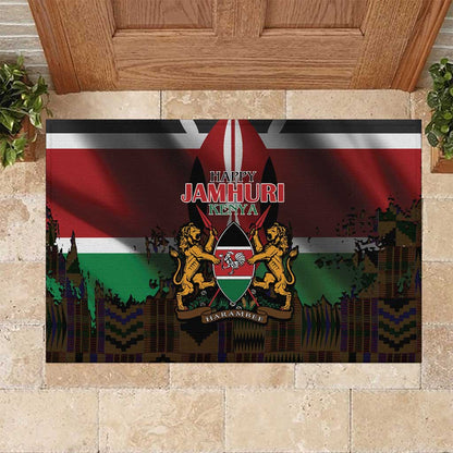 Kenya Jamhuri Day Rubber Doormat Coat Of Arms With Kente Pattern - African Pride