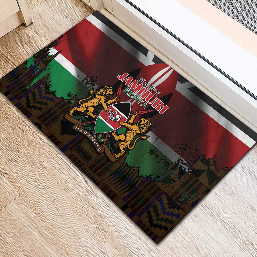Kenya Jamhuri Day Rubber Doormat Coat Of Arms With Kente Pattern - African Pride