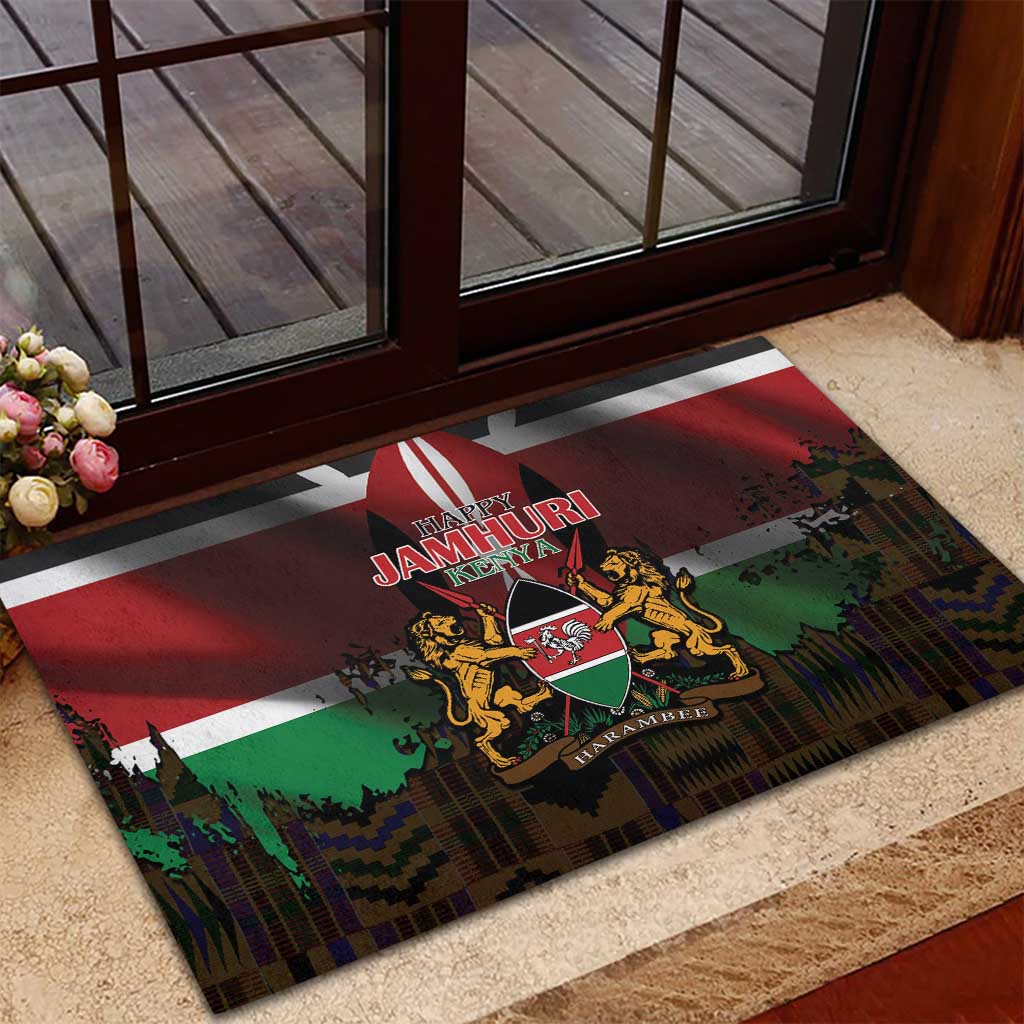 Kenya Jamhuri Day Rubber Doormat Coat Of Arms With Kente Pattern - African Pride