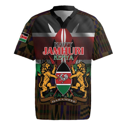 Kenya Jamhuri Day Rugby Jersey Coat Of Arms With Kente Pattern - African Pride
