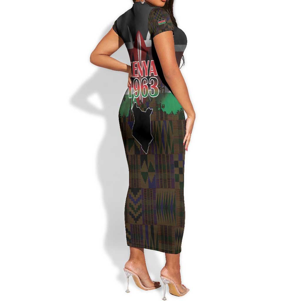 Kenya Jamhuri Day Short Sleeve Bodycon Dress Coat Of Arms With Kente Pattern - African Pride