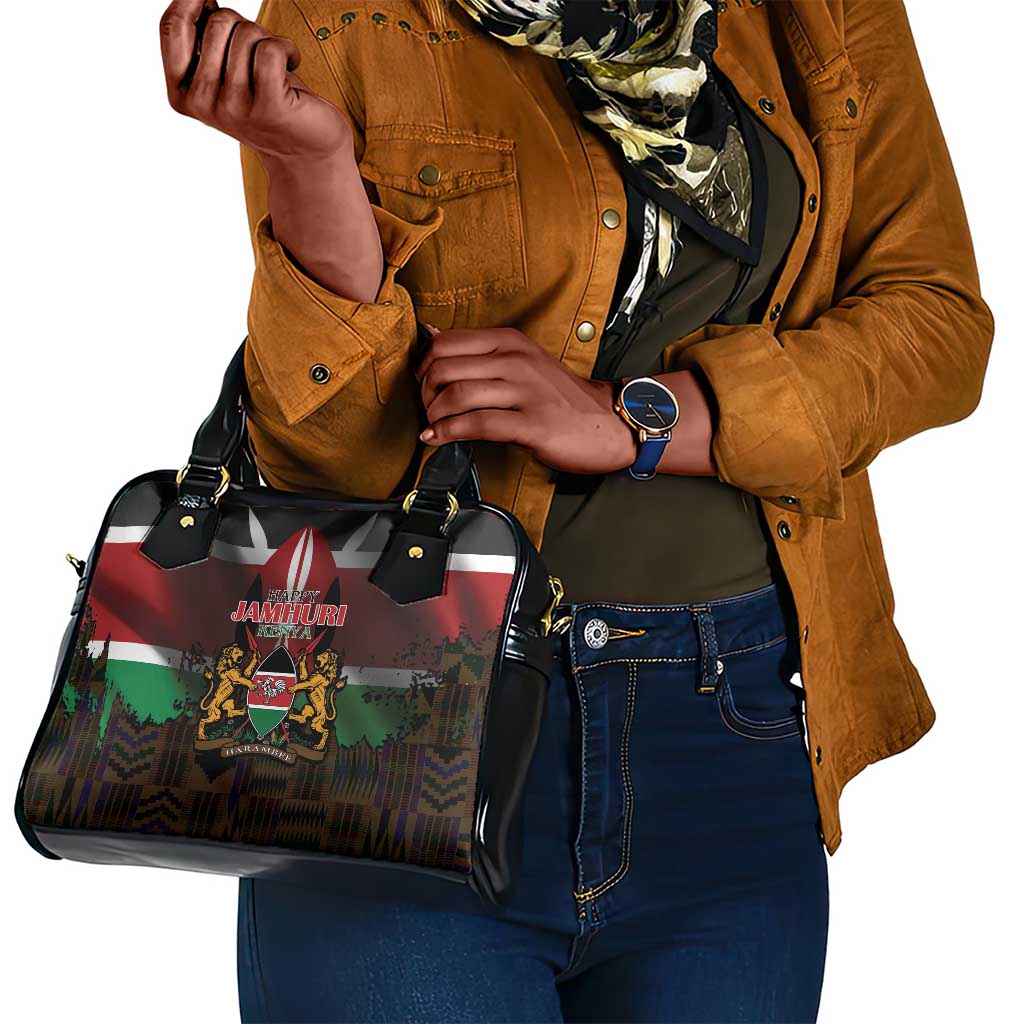 Kenya Jamhuri Day Shoulder Handbag Coat Of Arms With Kente Pattern - African Pride