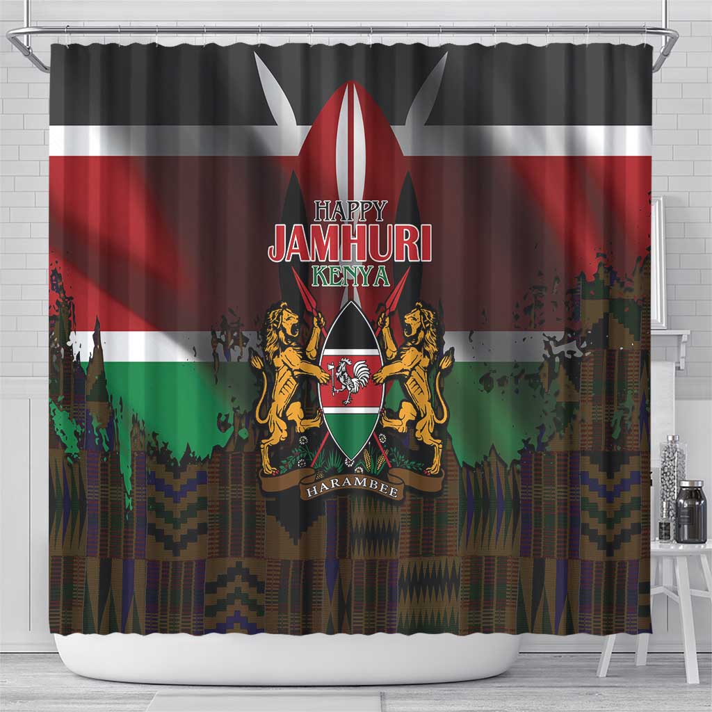 Kenya Jamhuri Day Shower Curtain Coat Of Arms With Kente Pattern - African Pride