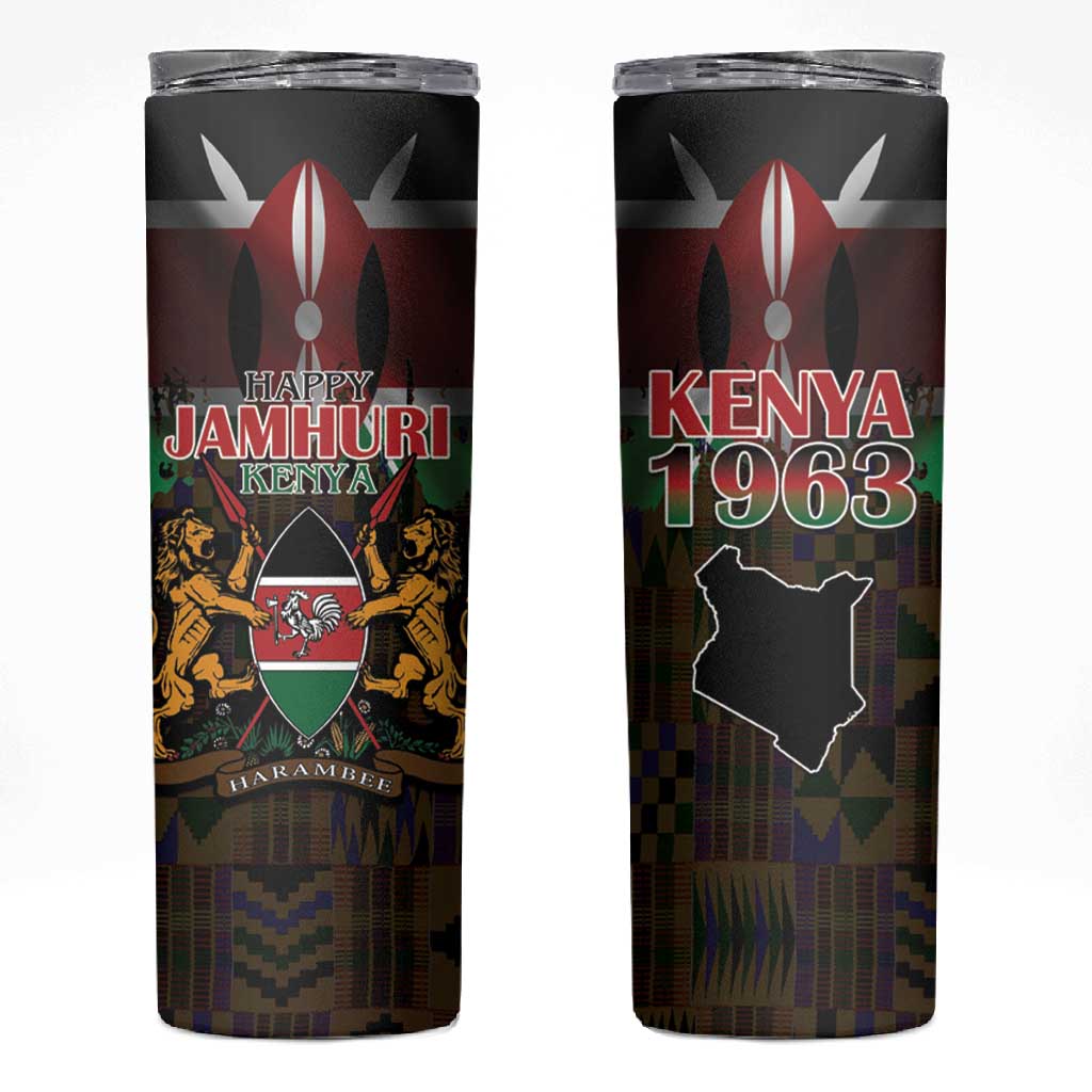 Kenya Jamhuri Day Skinny Tumbler Coat Of Arms With Kente Pattern - African Pride