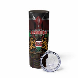 Kenya Jamhuri Day Skinny Tumbler Coat Of Arms With Kente Pattern - African Pride