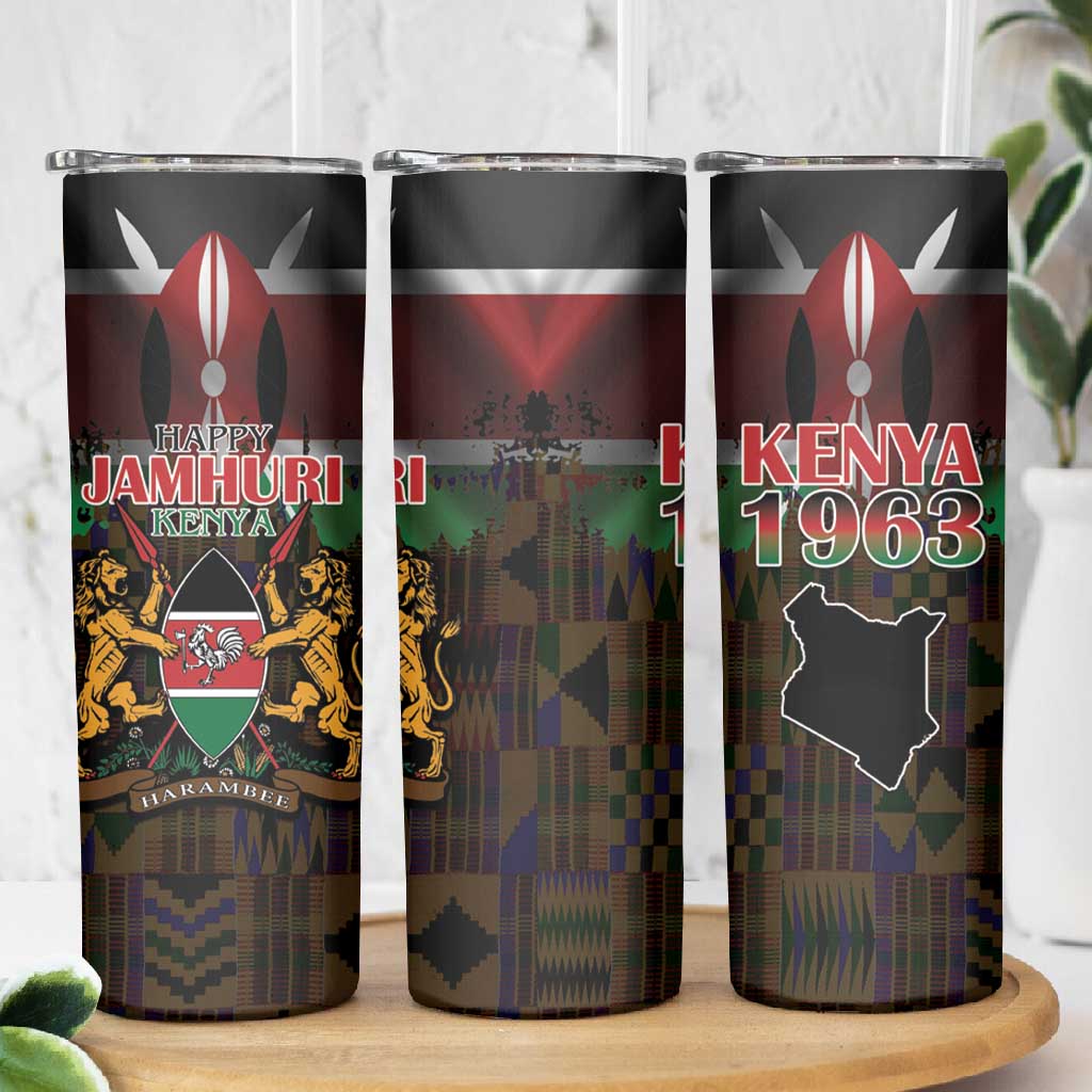 Kenya Jamhuri Day Skinny Tumbler Coat Of Arms With Kente Pattern - African Pride