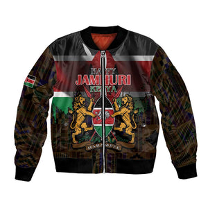 Kenya Jamhuri Day Sleeve Zip Bomber Jacket Coat Of Arms With Kente Pattern - African Pride