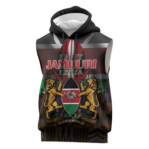 Kenya Jamhuri Day Sleeveless Hoodie Coat Of Arms With Kente Pattern - African Pride