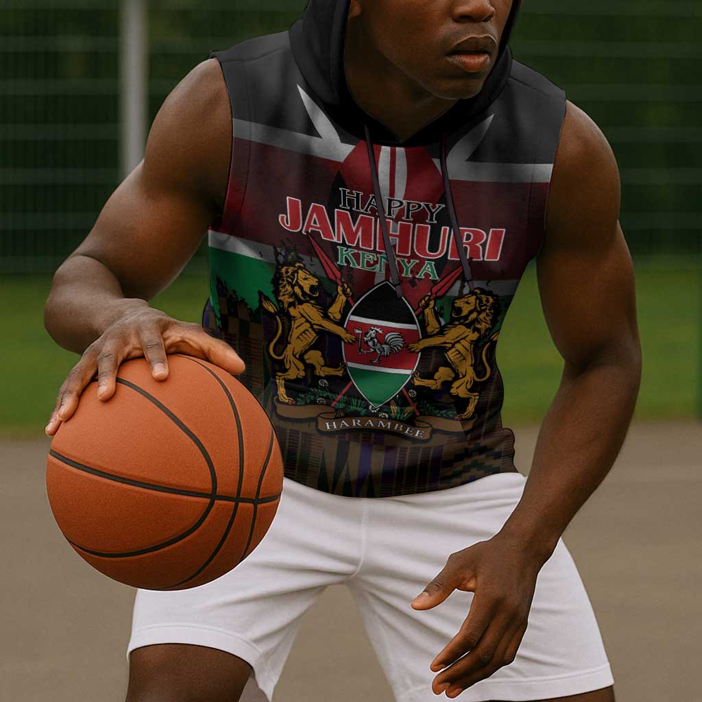 Kenya Jamhuri Day Sleeveless Hoodie Coat Of Arms With Kente Pattern - African Pride