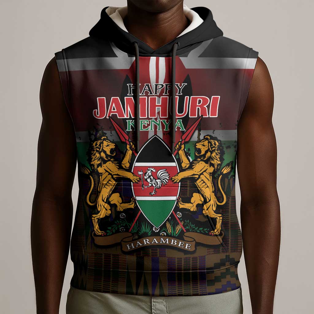 Kenya Jamhuri Day Sleeveless Hoodie Coat Of Arms With Kente Pattern - African Pride