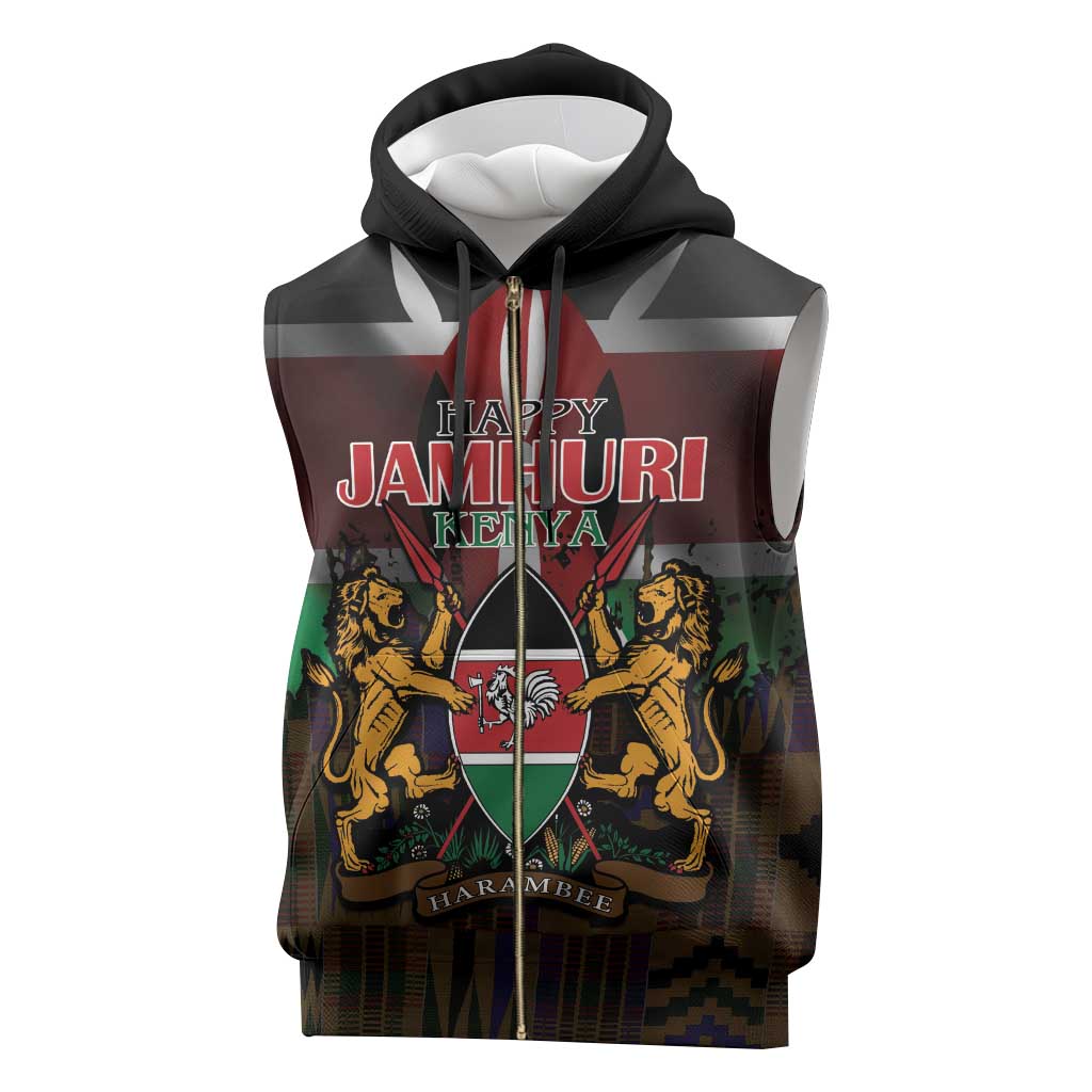 Kenya Jamhuri Day Sleeveless Zip Hoodie Coat Of Arms With Kente Pattern - African Pride