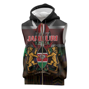 Kenya Jamhuri Day Sleeveless Zip Hoodie Coat Of Arms With Kente Pattern - African Pride