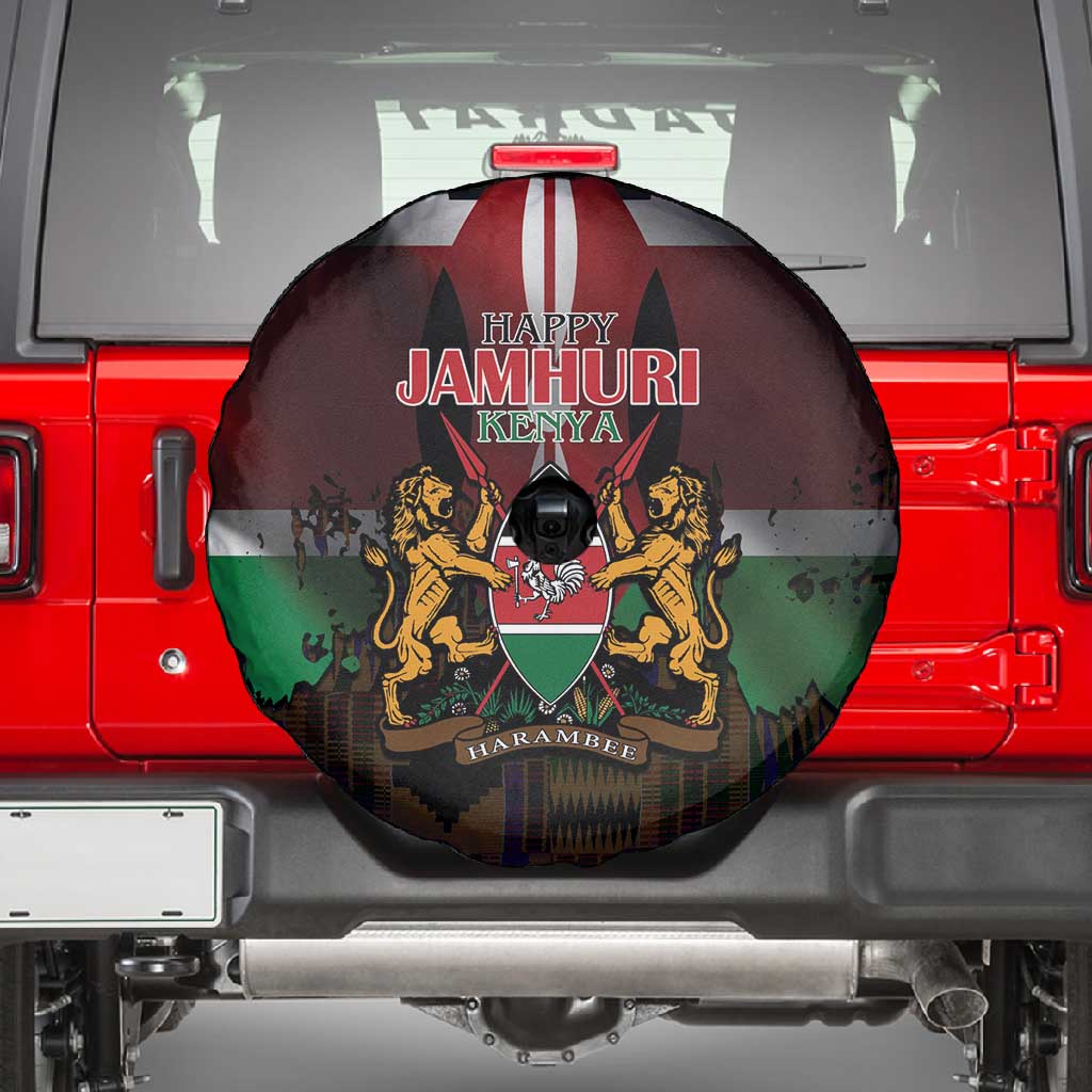 Kenya Jamhuri Day Spare Tire Cover Coat Of Arms With Kente Pattern - African Pride