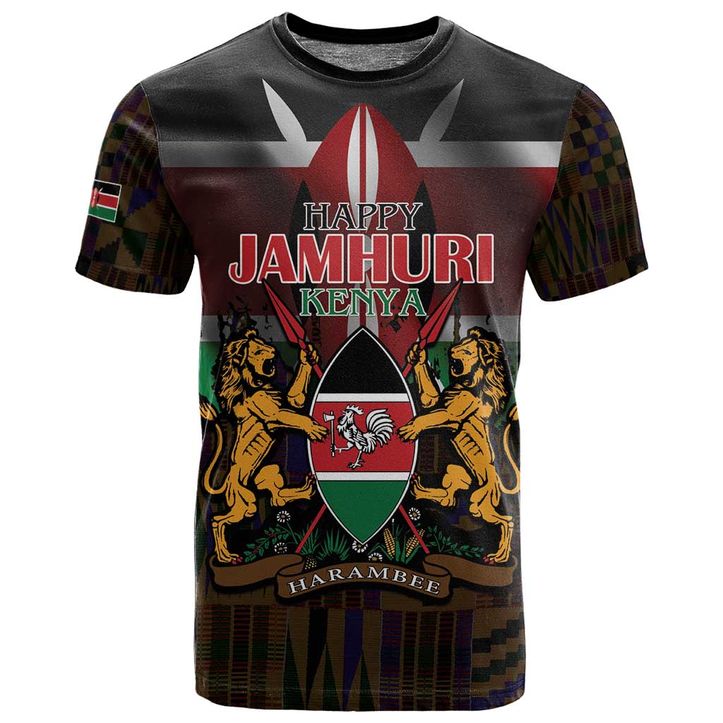 Kenya Jamhuri Day T shirt Coat Of Arms With Kente Pattern - African Pride