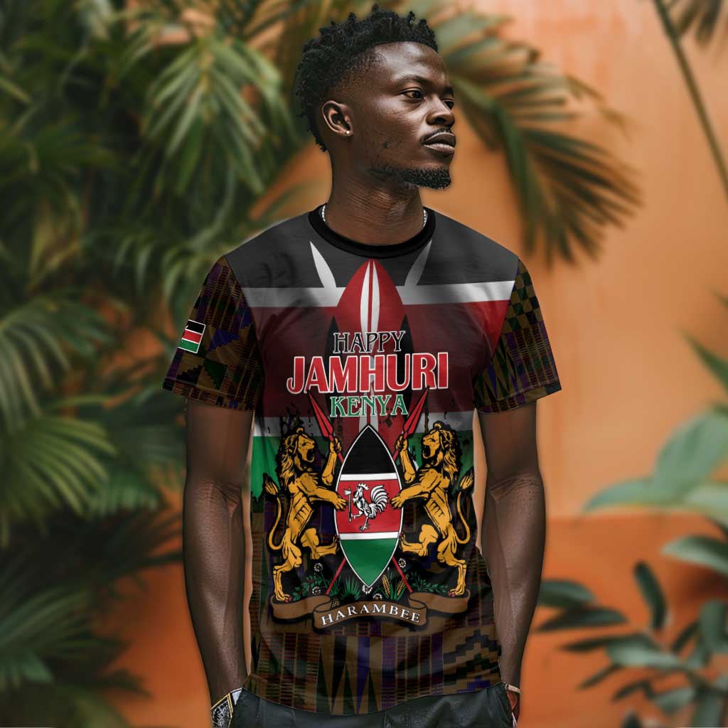 Kenya Jamhuri Day T shirt Coat Of Arms With Kente Pattern - African Pride