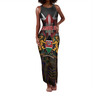 Kenya Jamhuri Day Tank Maxi Dress Coat Of Arms With Kente Pattern - African Pride