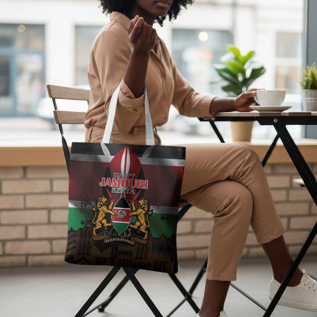 Happy Kenya Independence Day Tote Bag Coat Of Arms With Kente Pattern