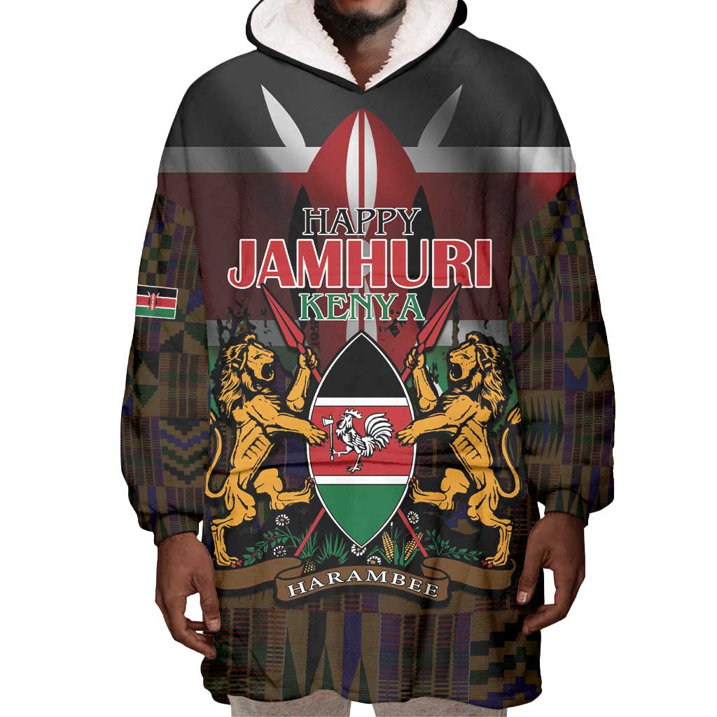 Kenya Jamhuri Day Wearable Blanket Hoodie Coat Of Arms With Kente Pattern - African Pride