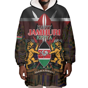 Kenya Jamhuri Day Wearable Blanket Hoodie Coat Of Arms With Kente Pattern - African Pride