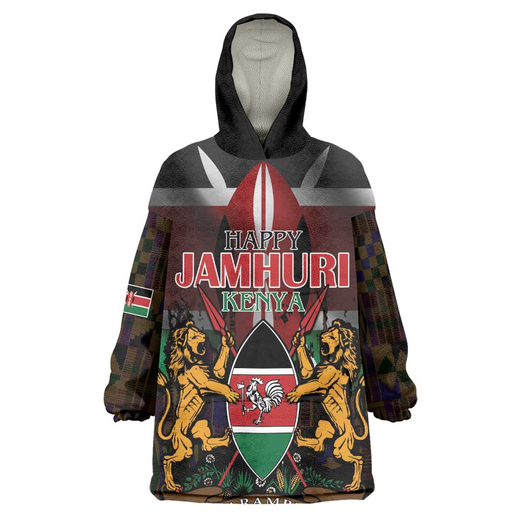 Kenya Jamhuri Day Wearable Blanket Hoodie Coat Of Arms With Kente Pattern - African Pride