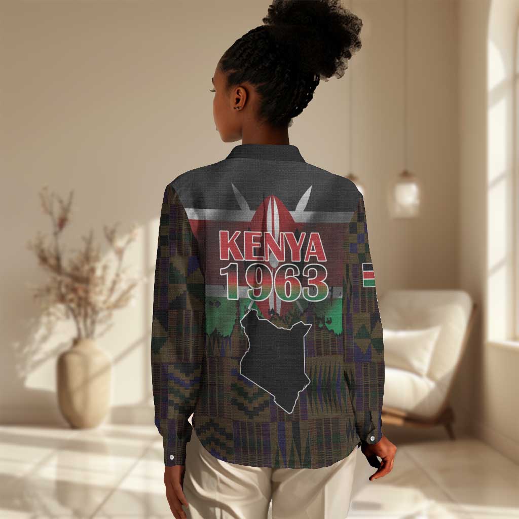 Kenya Jamhuri Day Women Casual Shirt Coat Of Arms With Kente Pattern - African Pride