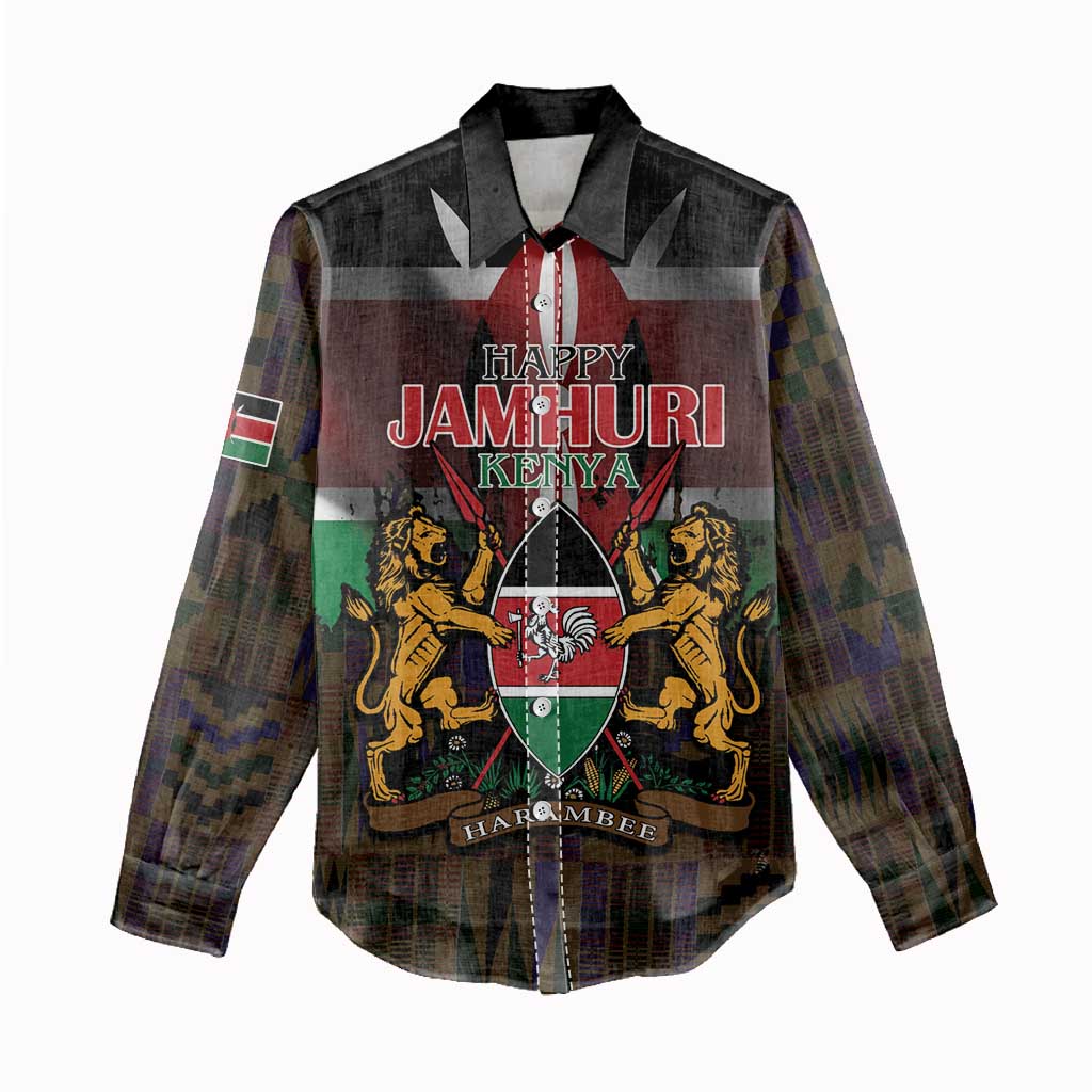 Kenya Jamhuri Day Women Casual Shirt Coat Of Arms With Kente Pattern - African Pride