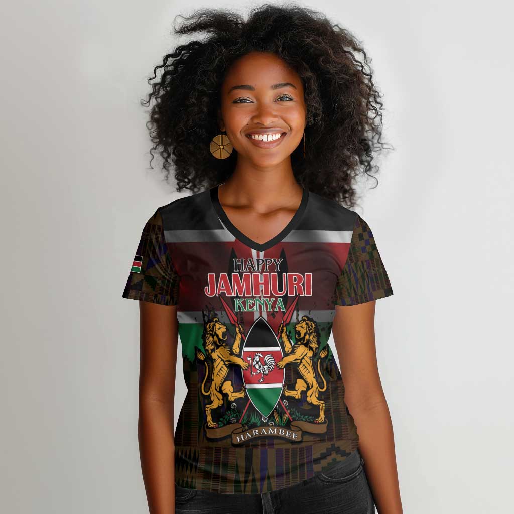 Kenya Jamhuri Day Women V-Neck T-Shirt Coat Of Arms With Kente Pattern - African Pride